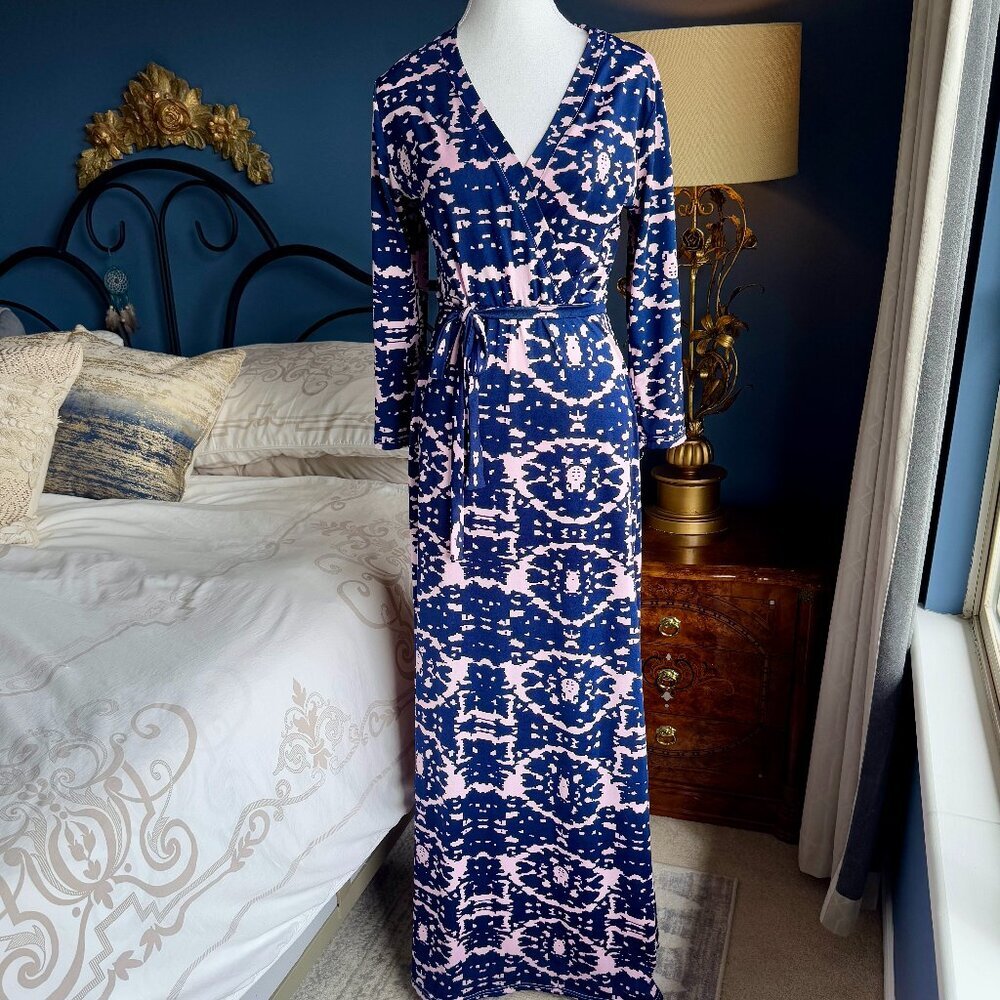Purple and Lilac Stretchy V Neck Long Sleeved Maxi Dress